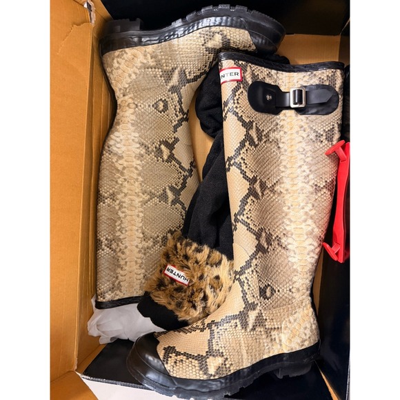 Hunter Shoes - Hunter Carnaby Snake Tall Rain Boots Snake Print Faux Fur Cuff Women Size 8